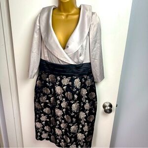 Eliza J Cream Black Silver Portrait Collar Jacquard Rose Empire Waist Dress 12